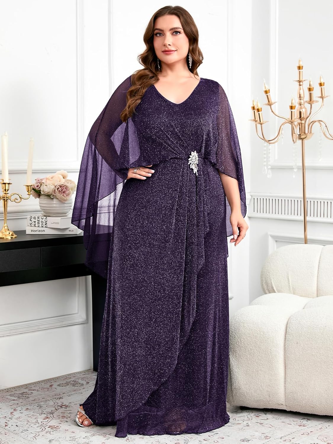 Women's Plus Size Glitter Evening Dress Long Cape V-Neck Formal Gowns Mother of The Bride Wedding Guest Dresses
