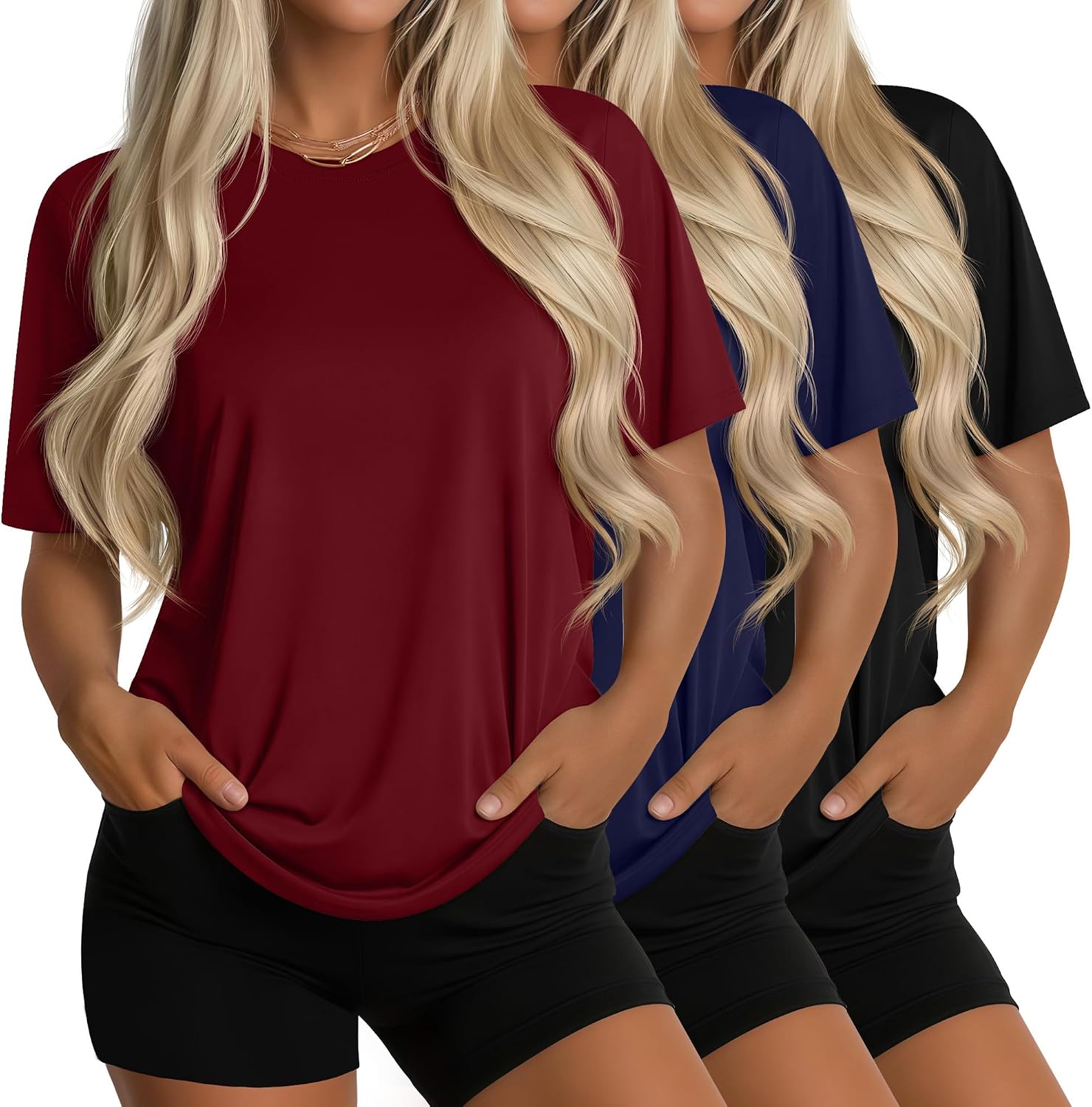3 Pack Women' Half Sleeve T Shirts Basic Crew Neck Tops Loose Fit Solid 1/2 Sleeve Shirts Casual Comfy Summer Tees