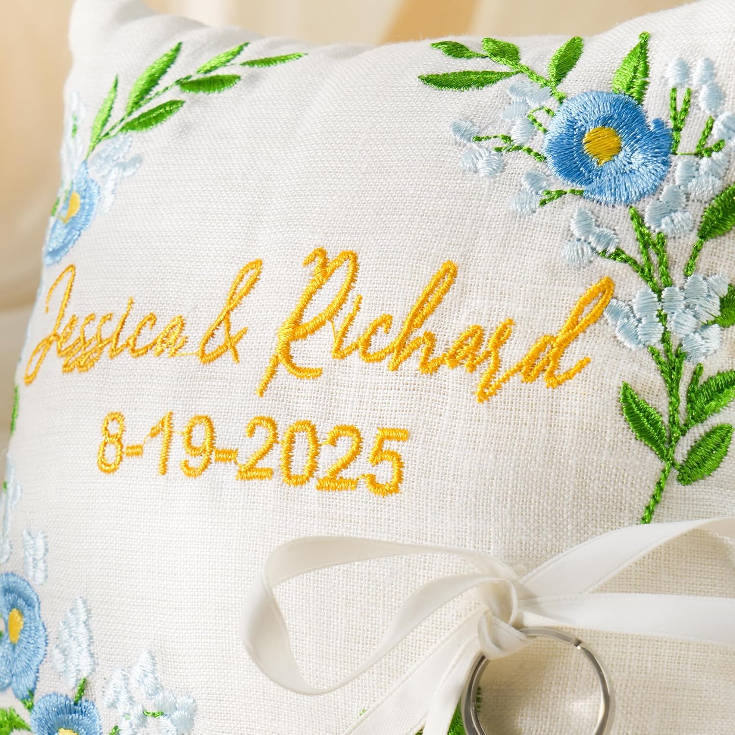 callie Personalized Wedding Ring Pillow - Custom Names & Date, Ring Bearer Pillows Cushion, Wedding Ceremony Engagement Gifts for Bride Groom Couple (5.5/7 inches)