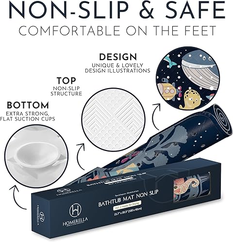 Miniatura 4 de Homerella - Alfombrilla de baño antideslizante y antideslizante para niños, sin BPA, incluye ganchos - Homerella Ocean Sea Animals 40x16, tapete de