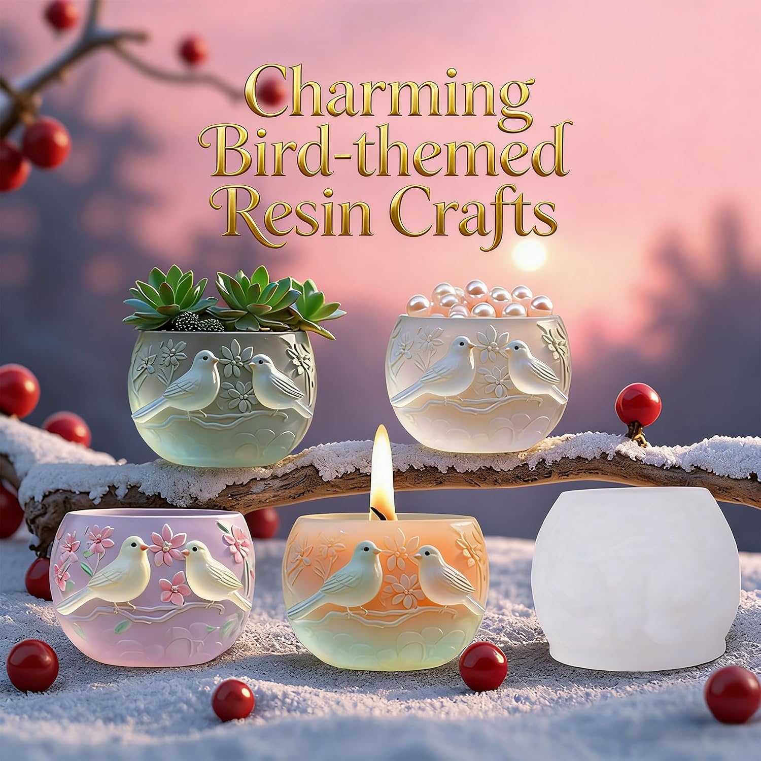 1 Pc 3D Bird Flower Resin Silicone Planter Mold Bowl Concrete Mold for Casting DIY Succulent Pots Vase Candle Holder Jewelry Trinket Container DIY Storage Craft Candy Jar Clay Gypsum Gifts