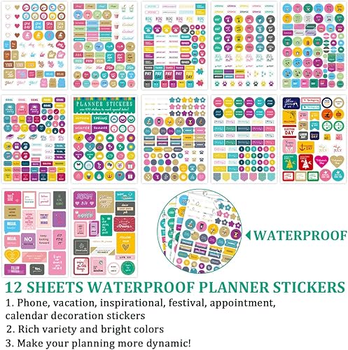 Miniatura 3 de Calcomanías de planificador estético, 24 hojasmás de 1380 calcomanías de planificador diario, fecha, mes, número, accesorios de planificador