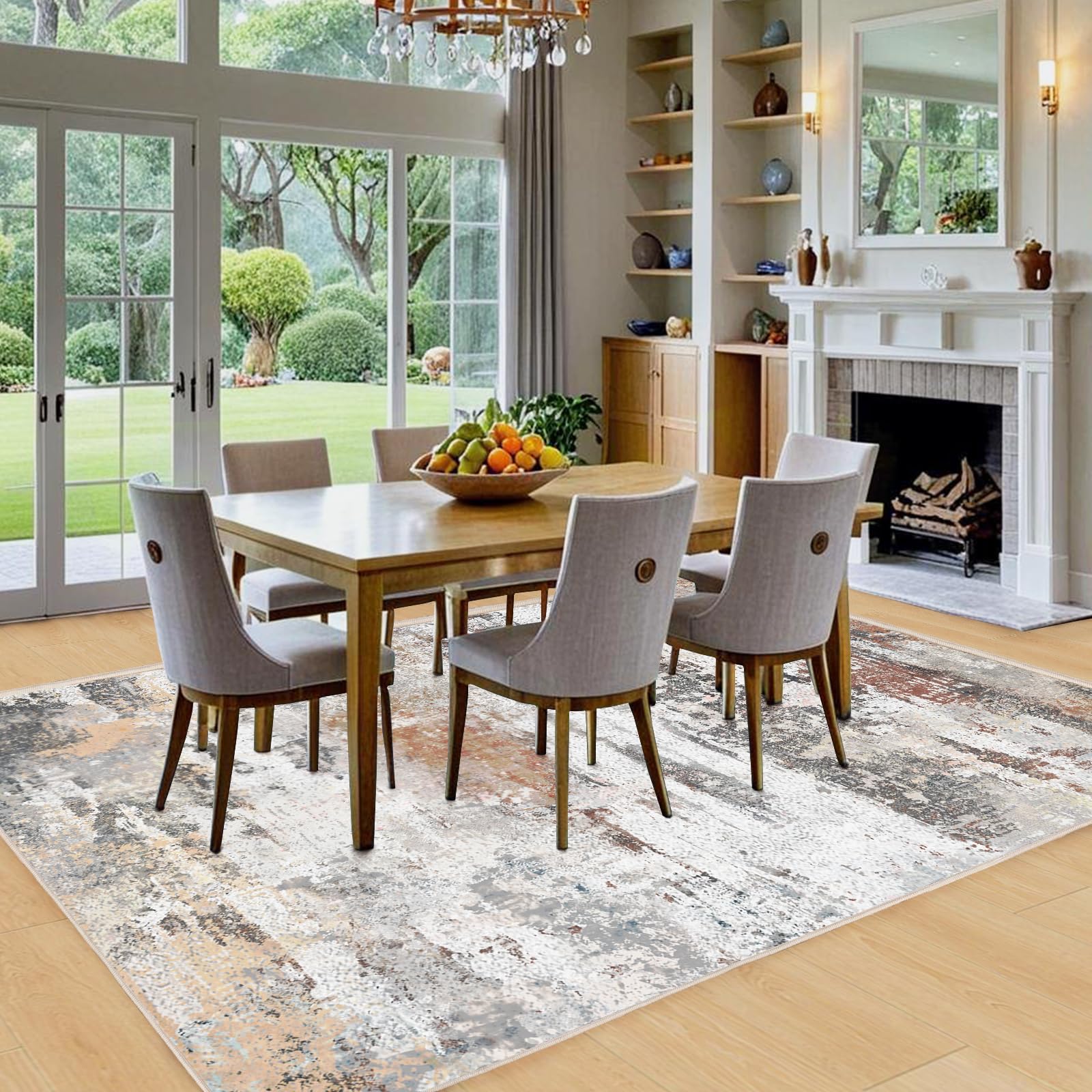 Teppich Wohnzimmer, Großer Teppich 160x230 Waschbar Kurzflor rutschfest Weich, Moderner Abstraktem Muster Teppiche für Schlafzimmer Kinderzimmer Büro Esszimmer, Grau Rost Beige