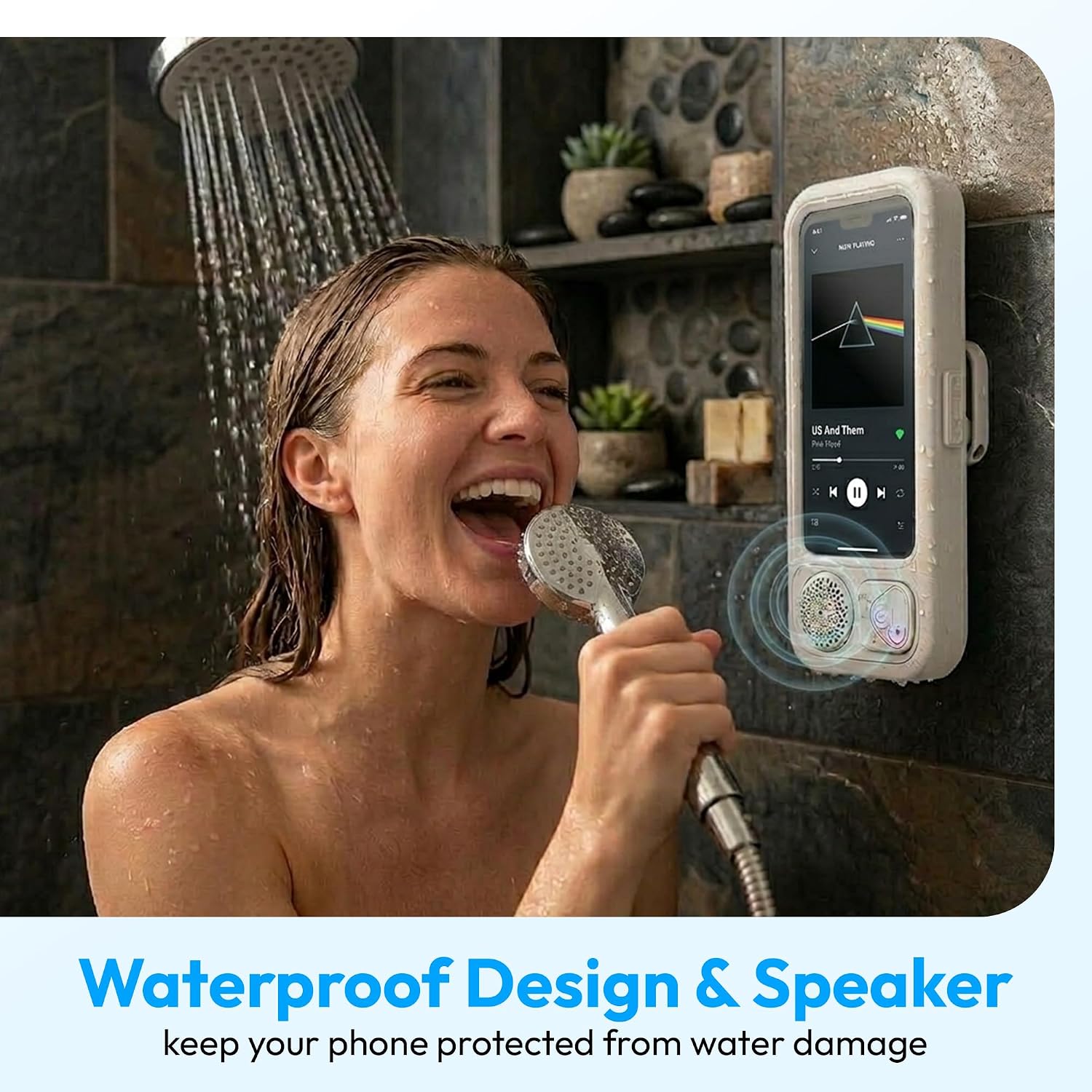 Shower Phone Holder with Wireless Bluetooth Speaker, 360° Rotating Bathroom Phone Mount with Speaker, 2026 New Waterproof Shower Phone Case for Any Phone, Fits Most Smartphones (White)