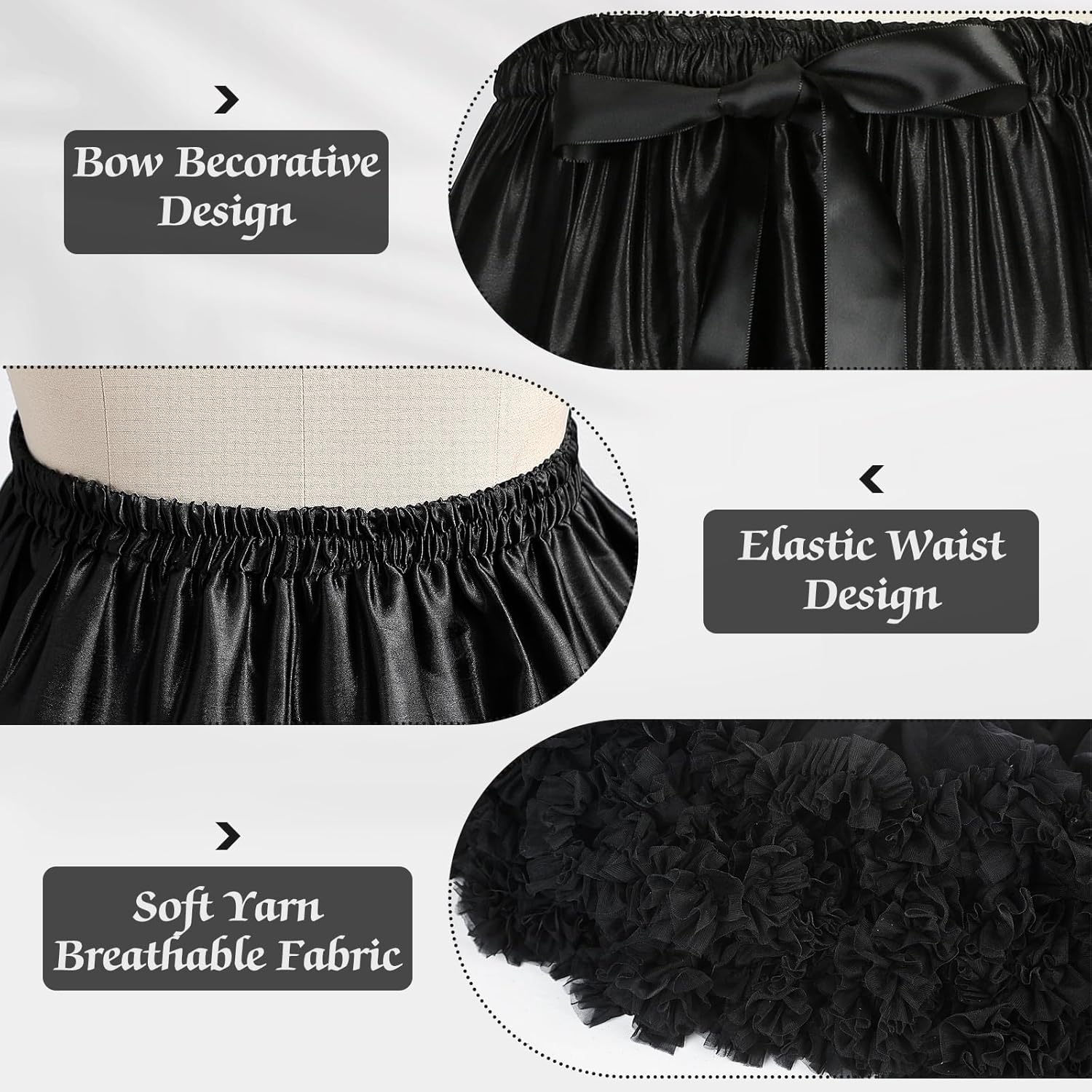 Women's Elastic Waist Chiffon Petticoat Puffy Tutu Tulle Skirt Princess Ballet Dance Pettiskirts Underskirt(black) - Image 2