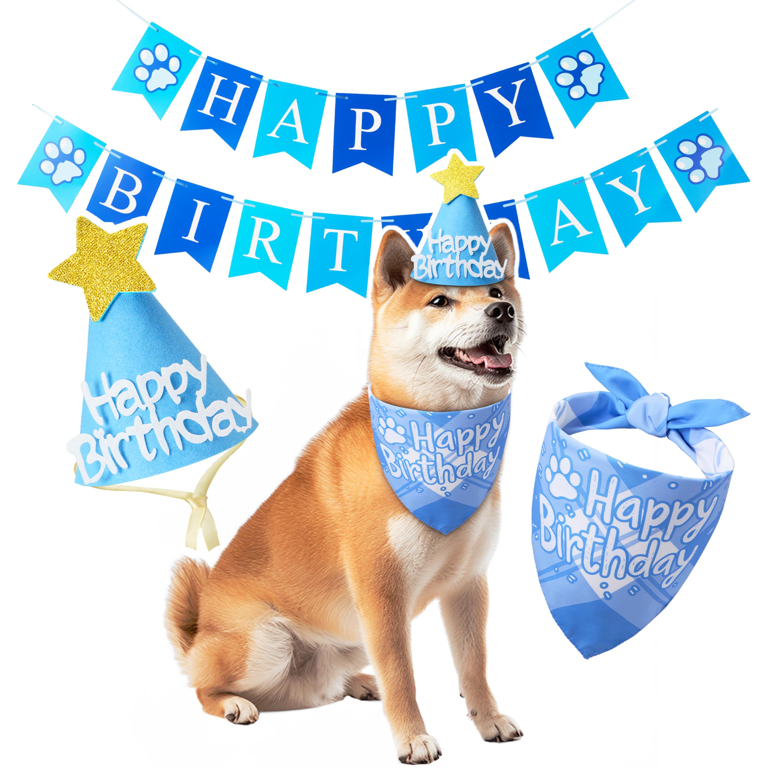 Dog Birthday Party Decoration Pet Birthday Bandana Set - Includes Birthday Hat Banner Multi Size Offered Dog Birthday