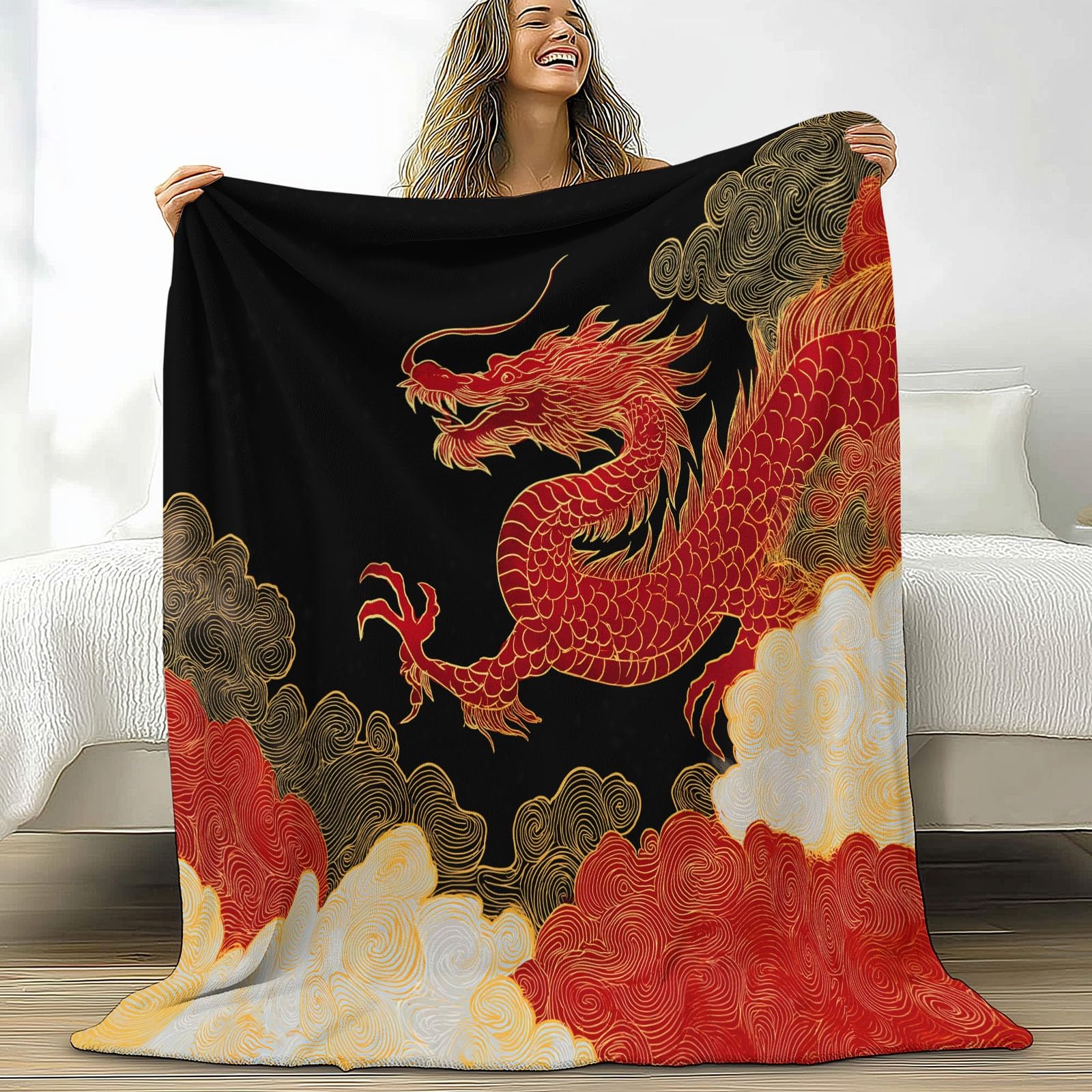 Couverture lit 2 personnes plaid dragon chinois noir 180x220cm
