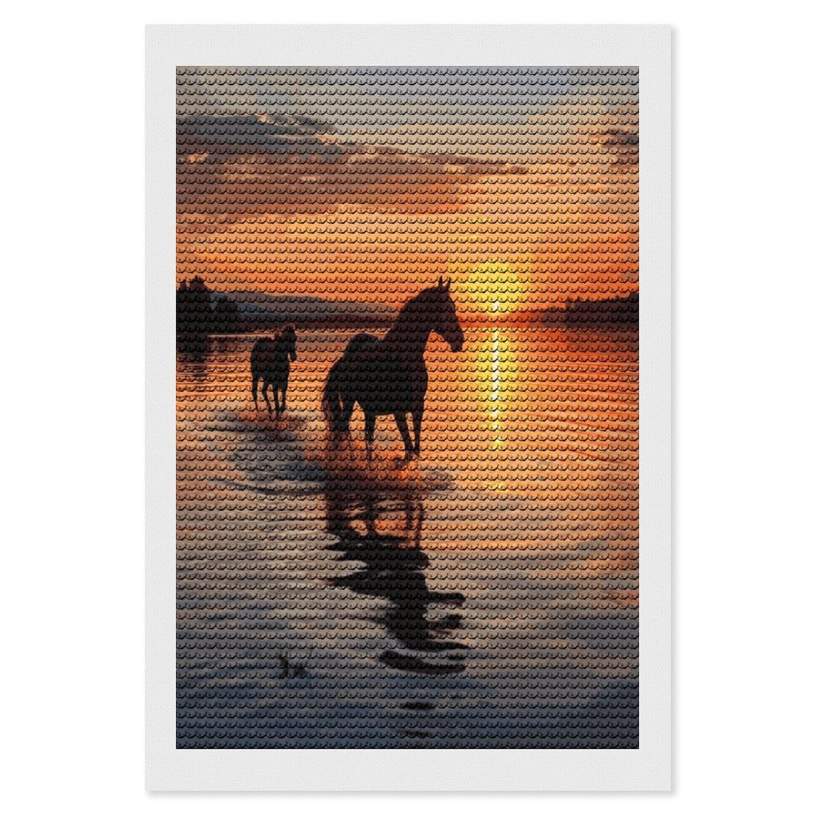JTREHY Sunsets Lake Horses Diamond Art Kits Personalized DIY Round Diamond Painting Kits for Beginner Full Drill Diamonds Dots Paintings for Adults Gem Art Crafts Home Decor
