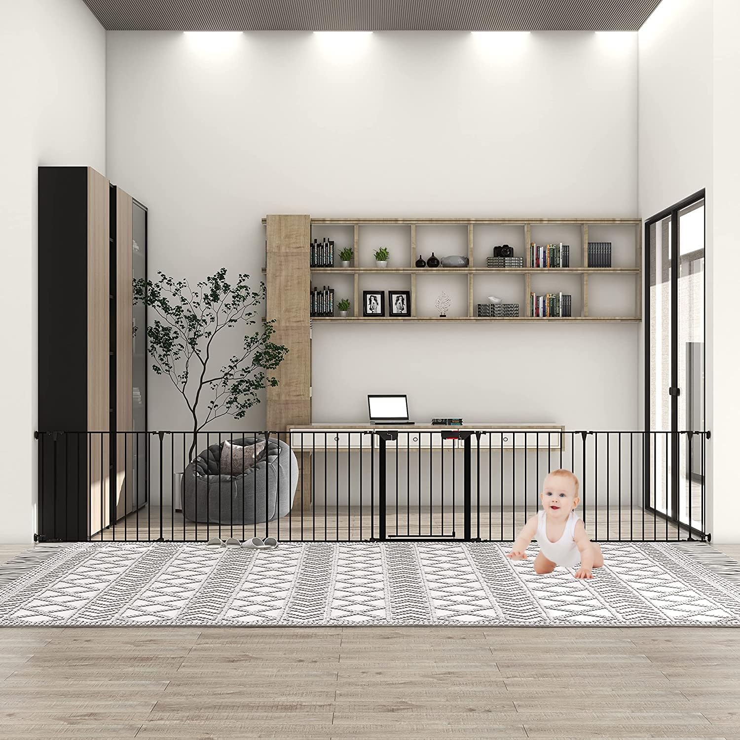 150" Wide Baby Pets Gate Metal Safety Playpen - Fireplace Fence for Pets/Dogs/Cats, 6-Panel (29" H, Black)