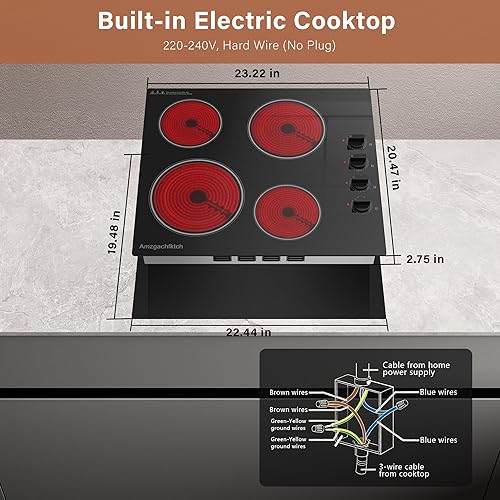 Miniatura 8 de Placa eléctrica integrada de 24 quemadores de 24 pulgadas, quemadores de doble anillo, estufa radiante de 6700 W con control de perilla, indicador