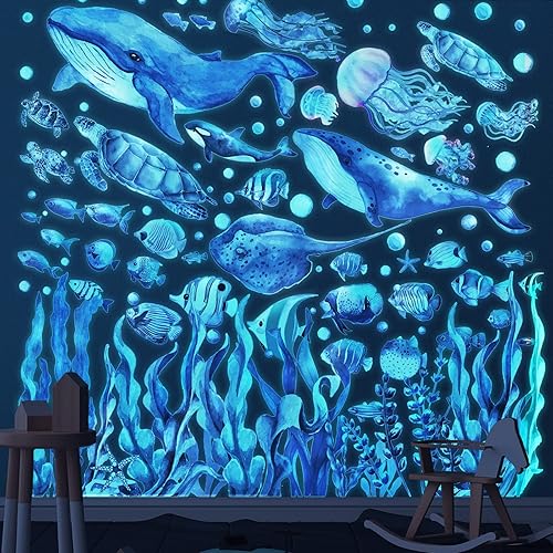 Miniatura 7 de Calcomanías de pared que brillan en la oscuridad bajo el mar, calcomanías de pared con temática de mundo oceánico que brilla en la oscuridad,