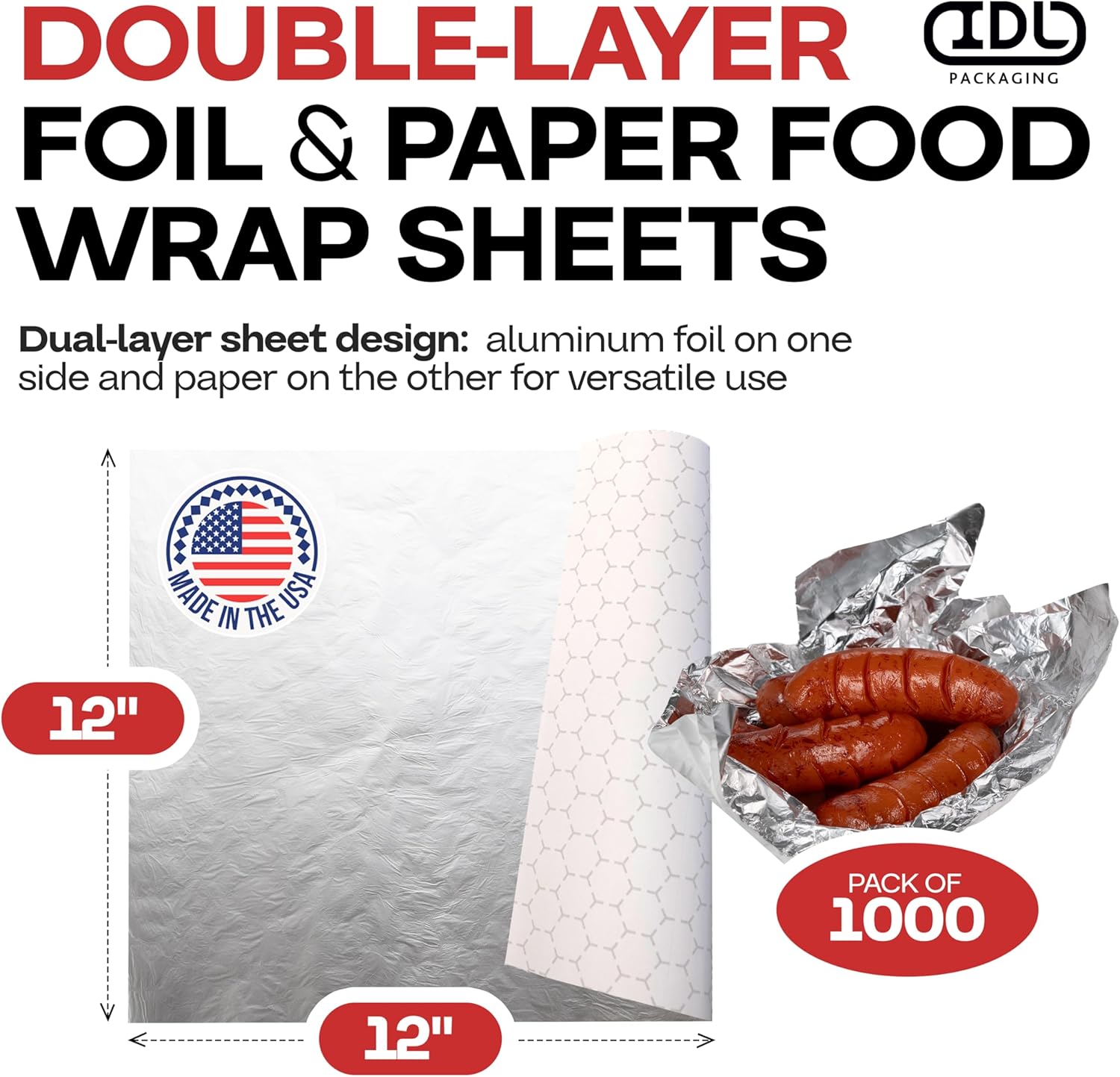 12"x12" Premium Double-Layer Foil/Paper Sheets, 1000-Pack – USA-Made Pre-Cut Food Wrap for Sandwiches, Hot Dogs & Burgers – Grease-Resistant, Waterproof, Heat & Cold Insulation Sheet by IDL Packaging