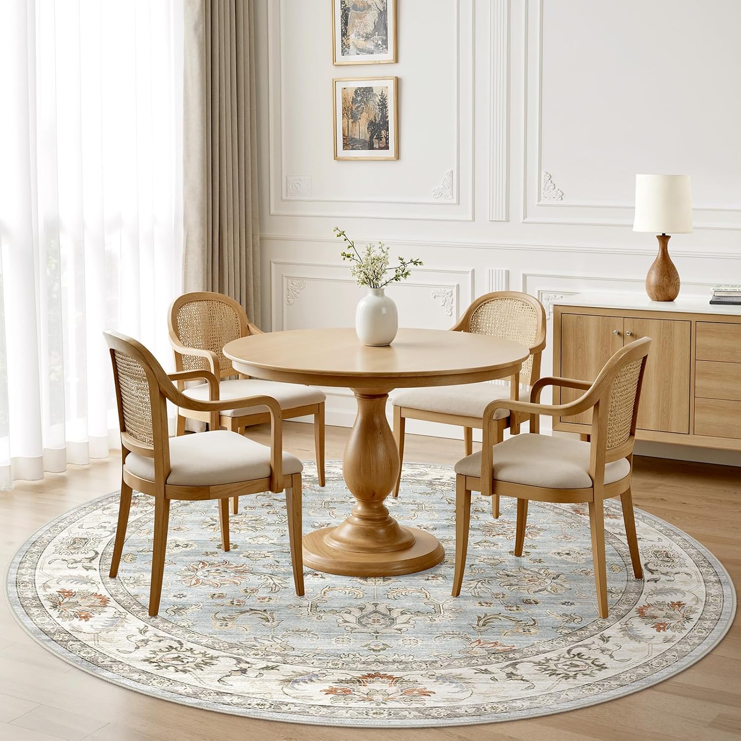 WITSHOCK 8ft Round Area Rugs for Living Room: Non-Slip Washable Vintage Soft Large Circle Rug - Soft Low Pile Carpet for Bedroom Under Dining Table Home Office Decor (Light Blue)