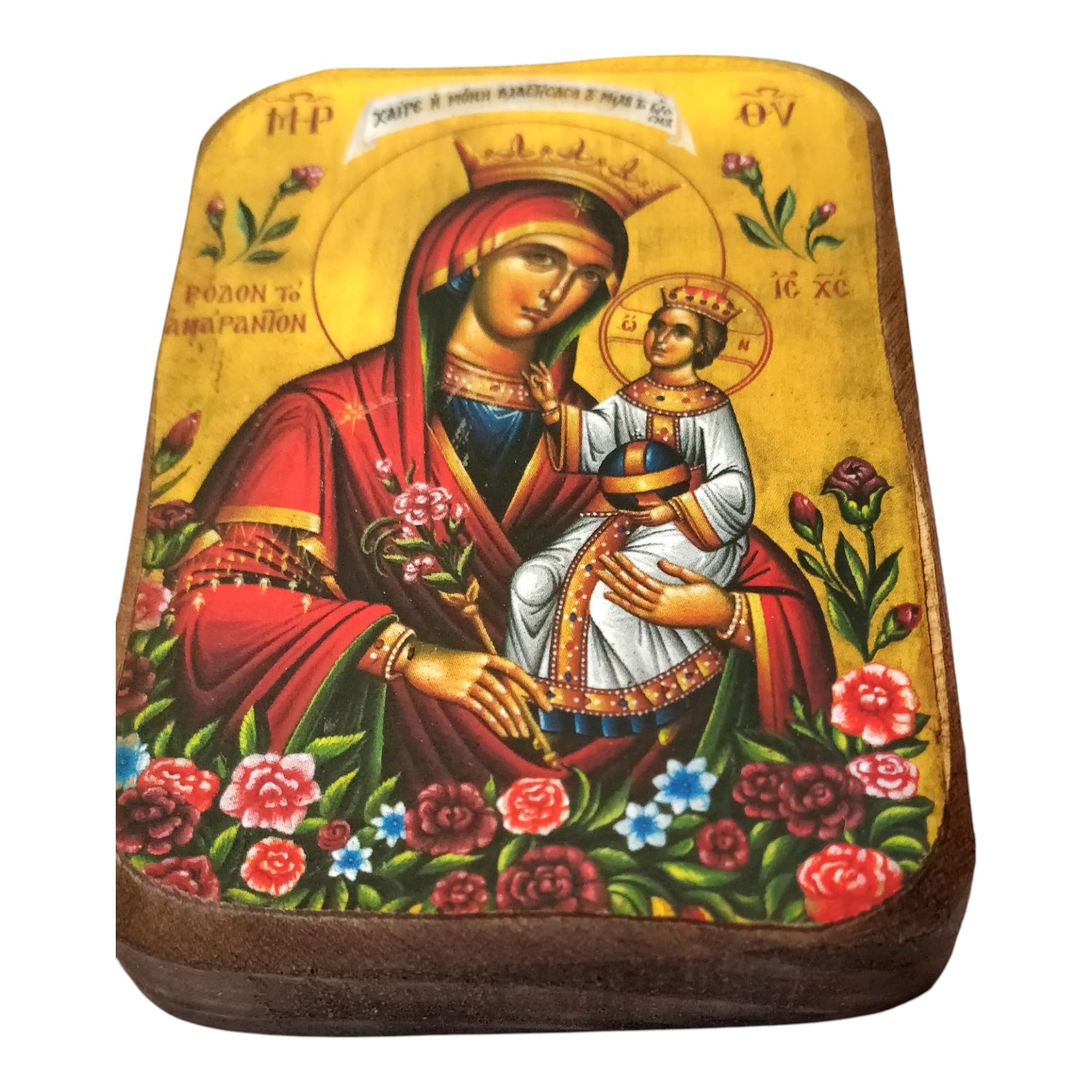 Handmade Wooden Greek Christian Orthodox Wood Icon of Virgin Mary The Unwithering Rose / A0