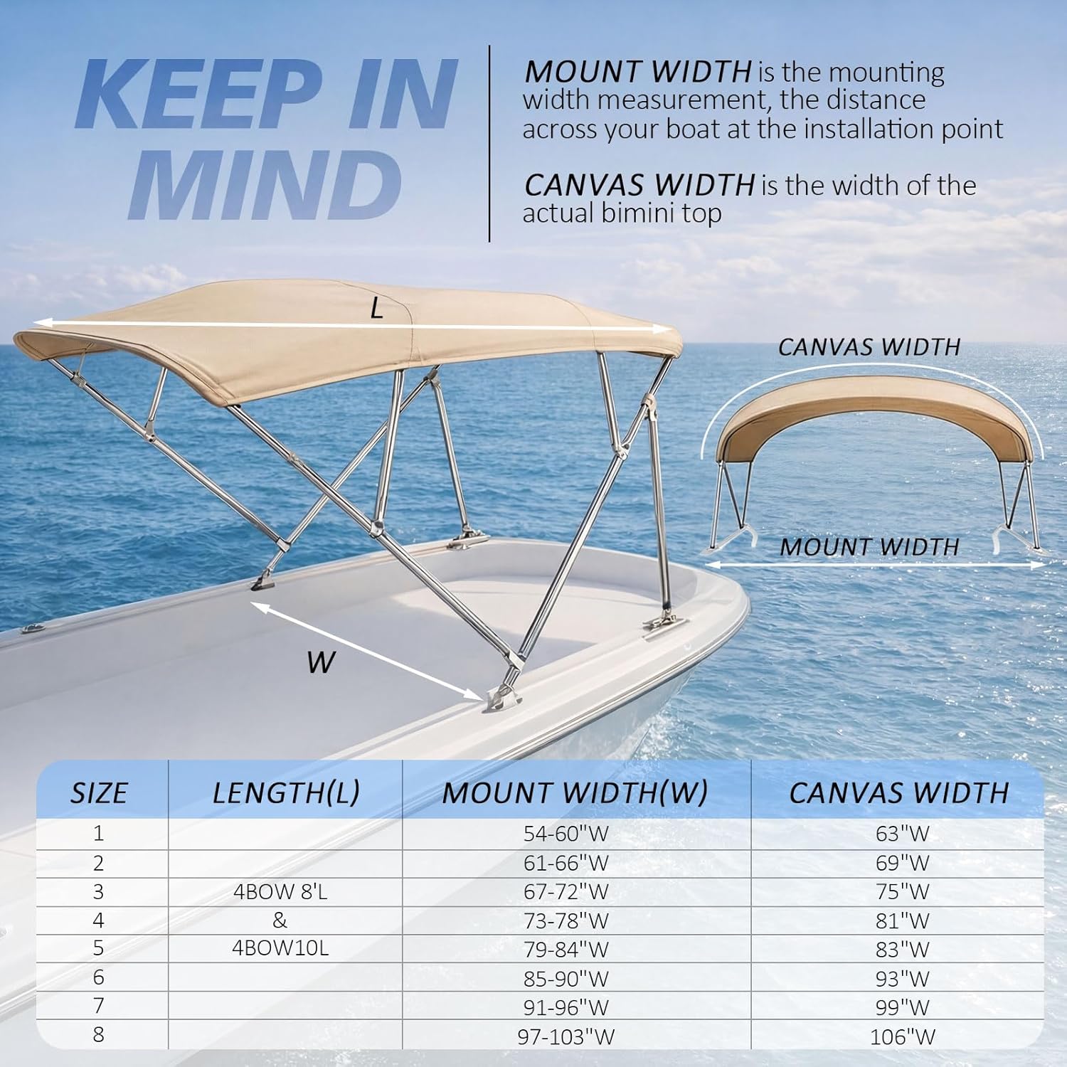 Seenelling 900d 4-Bow Boat Bimini Top Replacement Cover 96" L x 97"-103" W, Khaki Waterproof UV Resistant Marine Sun Shade Canopy with Storage Bag, Easy Install Zipper Sleeves (Frame Not Included)