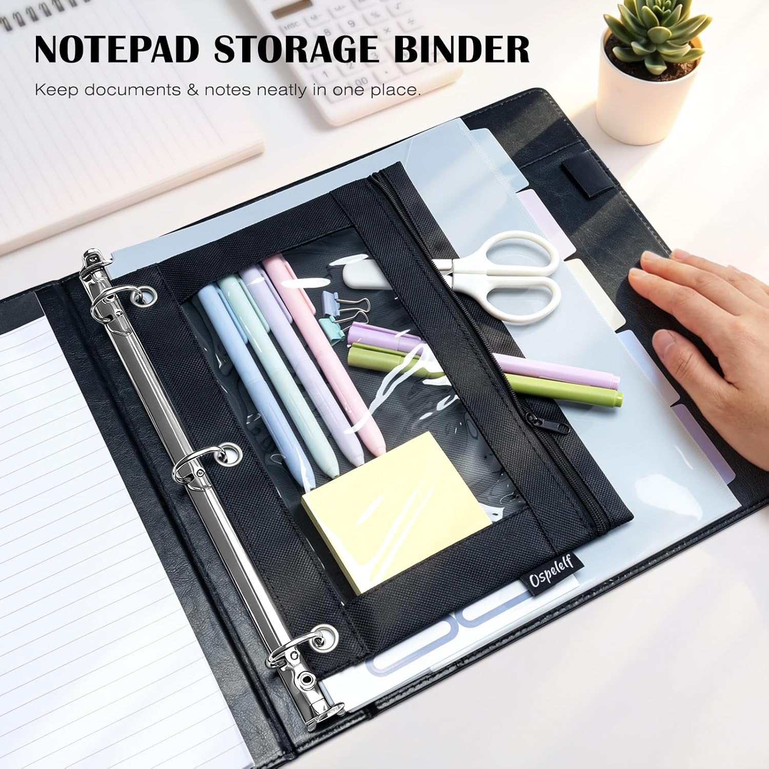 Ospelelf Leather 3 Ring Binder for Letter Size Documents with Pocketed Dividers, 1 Inch Round Rings, Holds 175 Sheets, Binders with Storage Bag & Notepad, for Office School Home Organization, Black