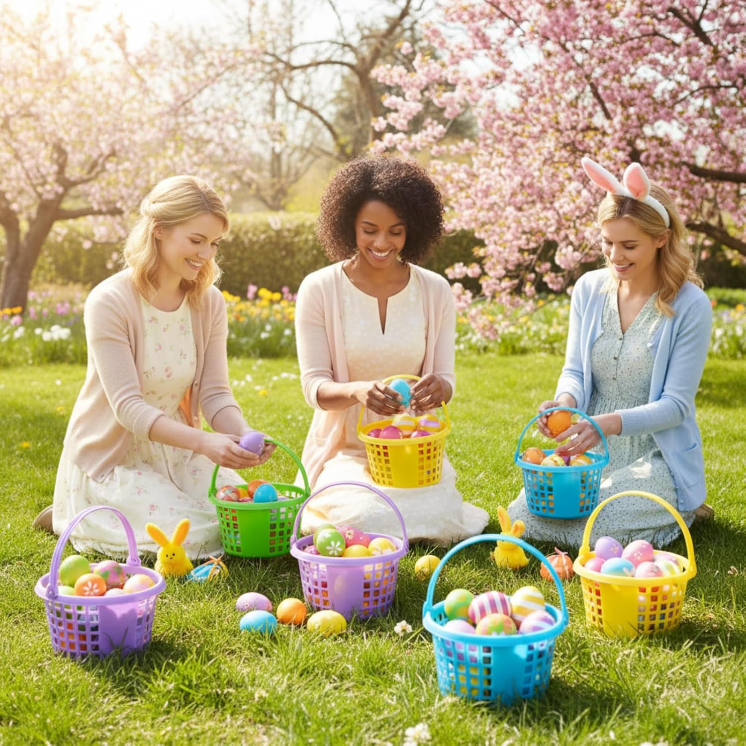 Beeveer 72 Pcs Plastic Easter Baskets Bulk with Handles Pastel Easter Egg Hunt Basket Small Round Basket 6.7 Inch Bucket for Egg Hunts Goodies Party Favor Supplies