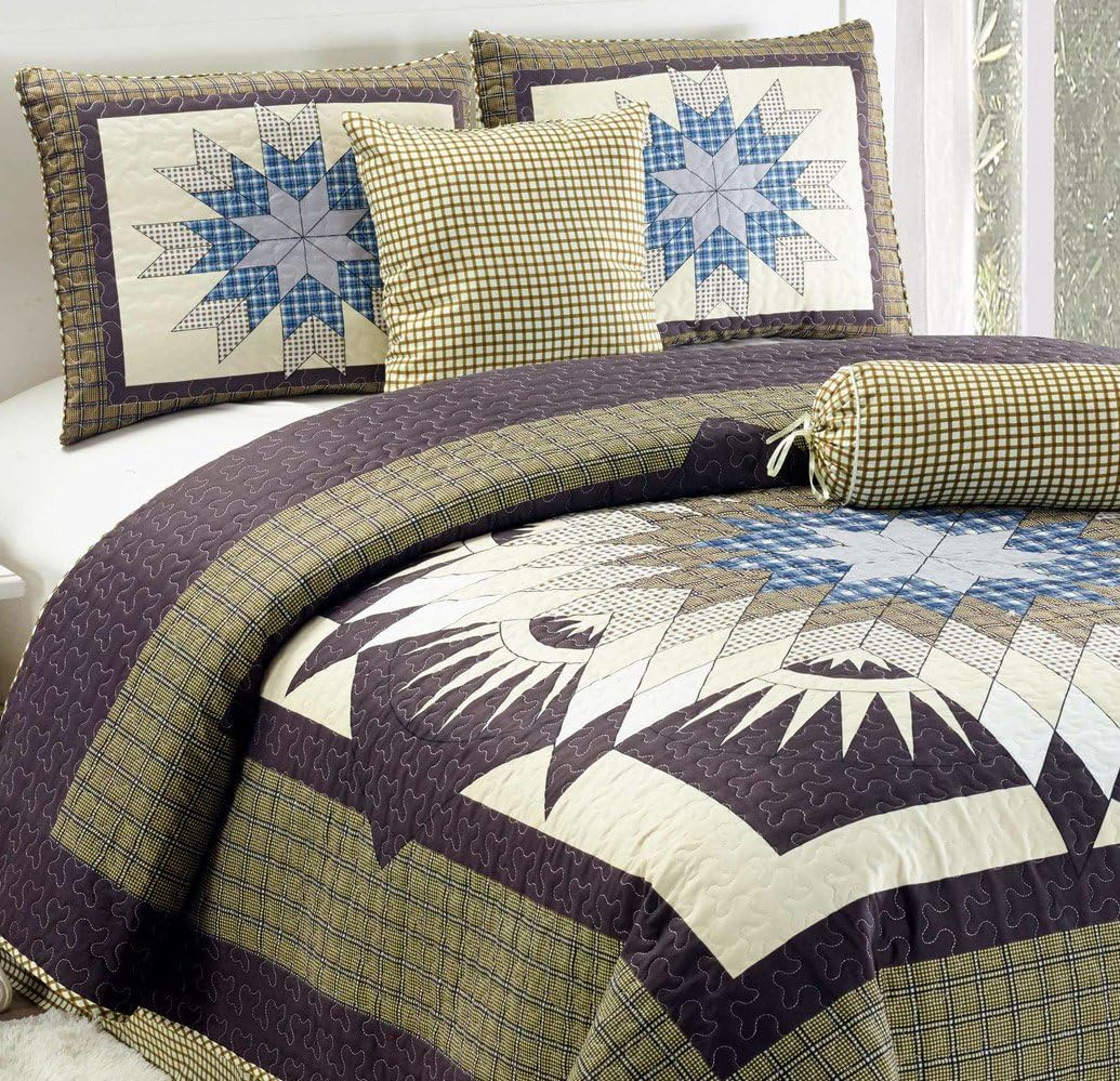 Grand Linen 5-Piece Printed Quilt Set King Size MIA Bedspread Coverlet Bed Cover with Accent Pillows (Brown, Beige, Blue Plaid)