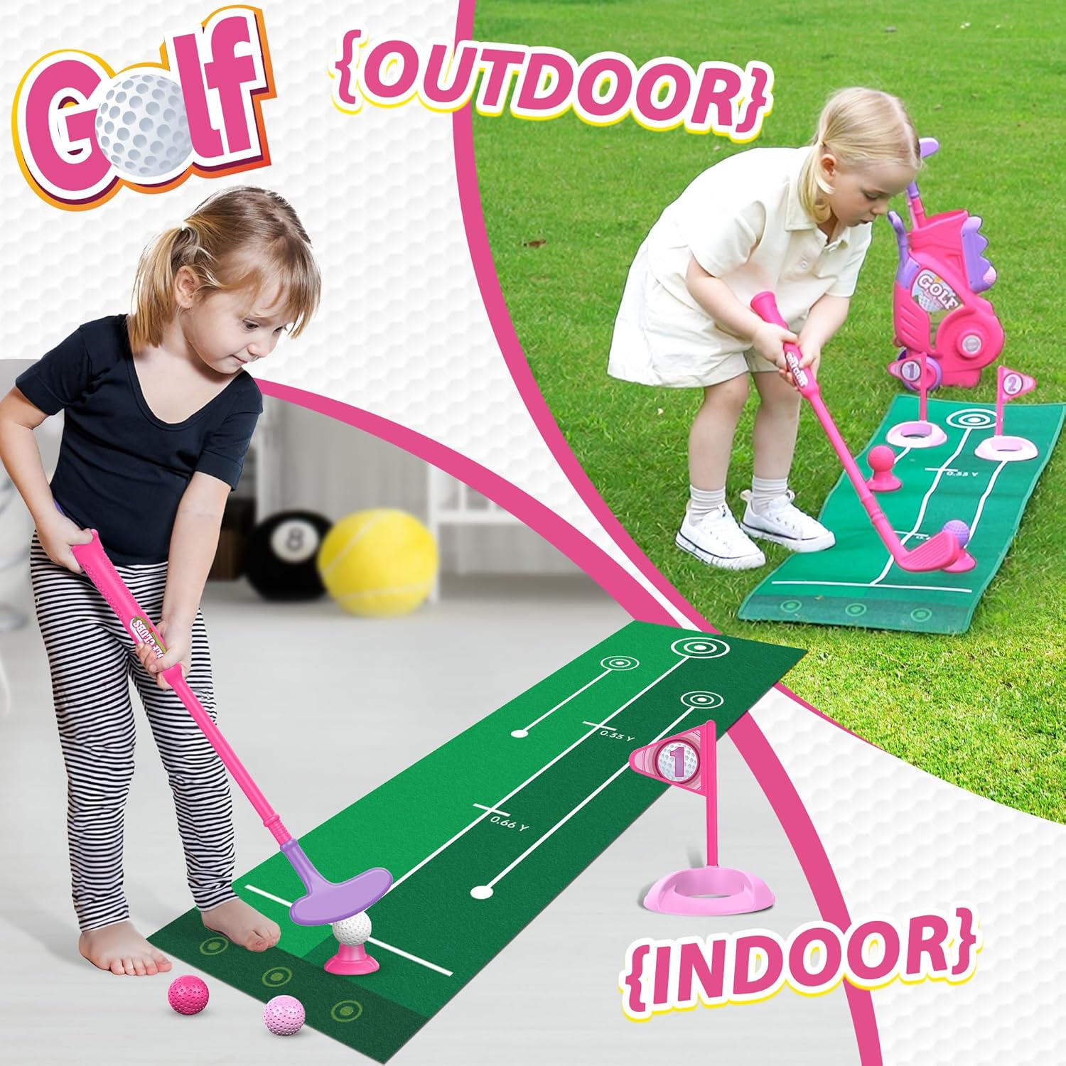 Liberry Toddler Golf Set for 2 3 4 Years Old Girls Boys, Upgraded Kids Golf Cart with Golf Cornhole Board & Putting Mat, Indoor and Outdoor Golf Toys Birthday Gift, Pink - Image 6