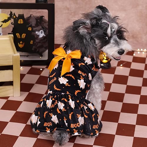 Miniatura 109 de CuteBone - Vestido de terciopelo para perro, cuello alto, falda de cachorro de búfalo rojo, traje de mascota, ropa de gato con lazo para el pelo