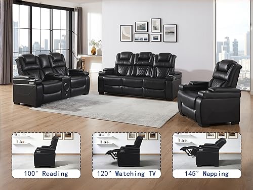 Miniatura 6 de THSUPER Juego de sofás reclinables de cuero transpirable con potencia con luz LED, asientos reclinables de cine en casa con reposacabezas Negro