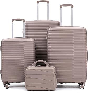 4 Piece Hard Case Luggage Set with Spinner Wheels, Long Vacation Luggage Set for Mens, Large Hard Suitcases with Tsa Lock, Carry On and Checked Luggage Set for Travel, 14/20/24/28 Champagne