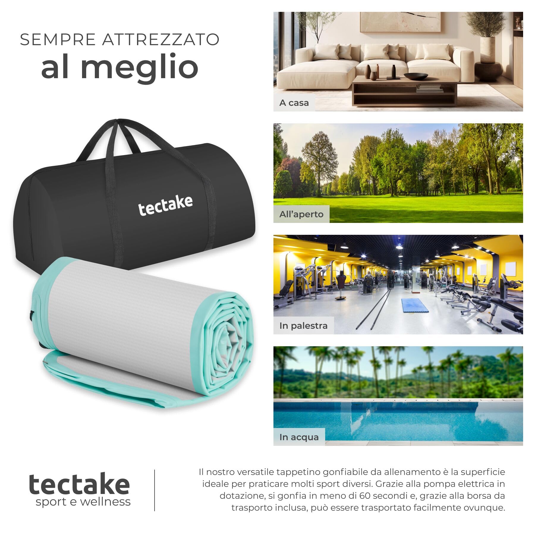 tectake® Tappetino Gonfiabile per Allenamento, Fitness, 397 x 104 x 10 cm, Materasso Gonfiabile con Pompa Elettrica, 4 Maniglie, Borsa per Trasporto, Kit di Riparazione, PVC Idrorepellente