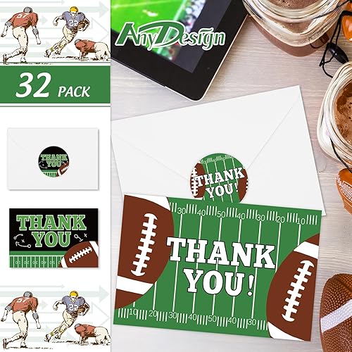 Miniatura 3 de AnyDesign - Paquete de 32 tarjetas de agradecimiento de fútbol con sobres, 4 tarjetas de notas de rugby en blanco, tarjetas de agradecimiento para