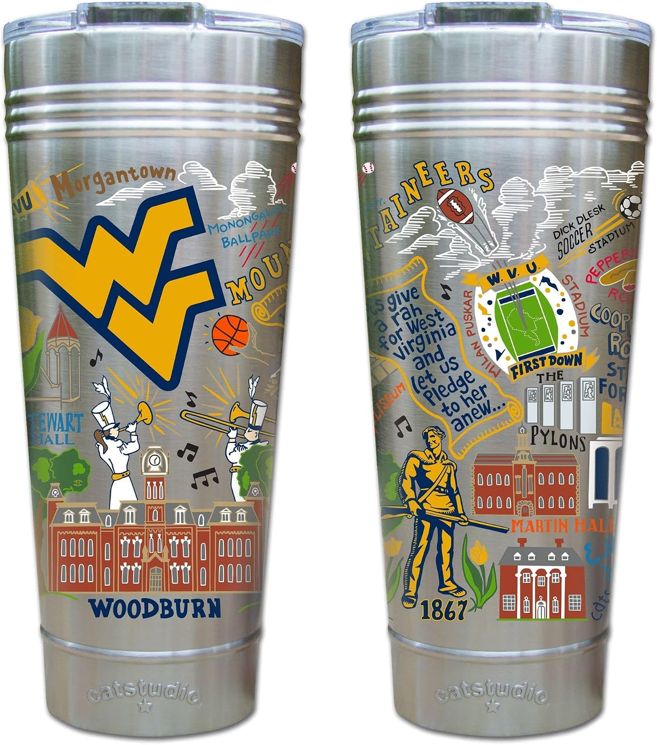 catstudio West Virginia University Collegiate Thermal Tumbler | Triple Wall Insulation With Non Slip Bottom | Great College Travel Cup for Water, Coffee, Tea, or Smoothies