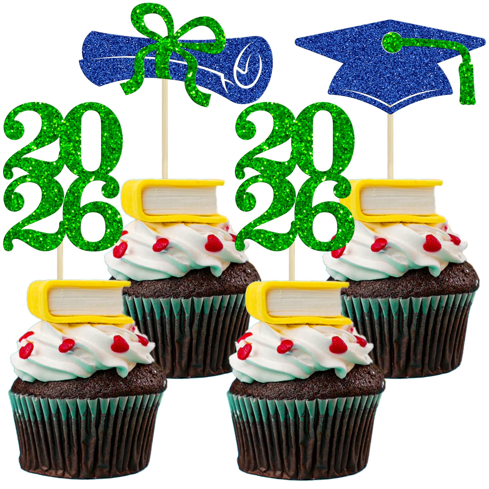 Ephlyn 24Pcs Graduation Cupcake Toppers Glitter Graduation 2026 Diploma Grad Cap Cake Topper Decorations for 2026 Graduation Theme Party Cake Decoration Supplies Blue Green