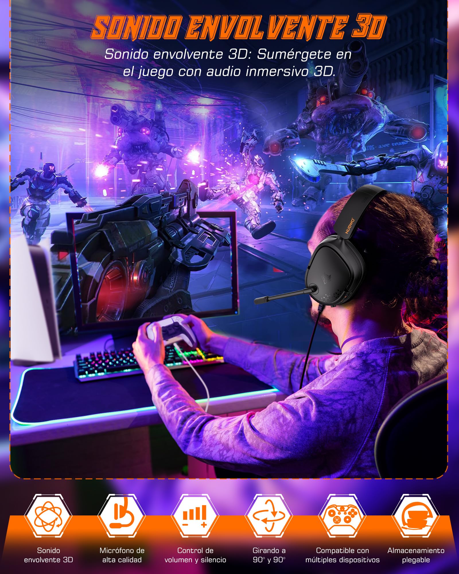 NUBWO Auriculares PS5 para PS4, PS5, PC, NS, Xboxone, Auriculares con Micrófono, Auriculares Gaming con Micrófono, Auriculares con Cancelación de Ruido con Clavija de