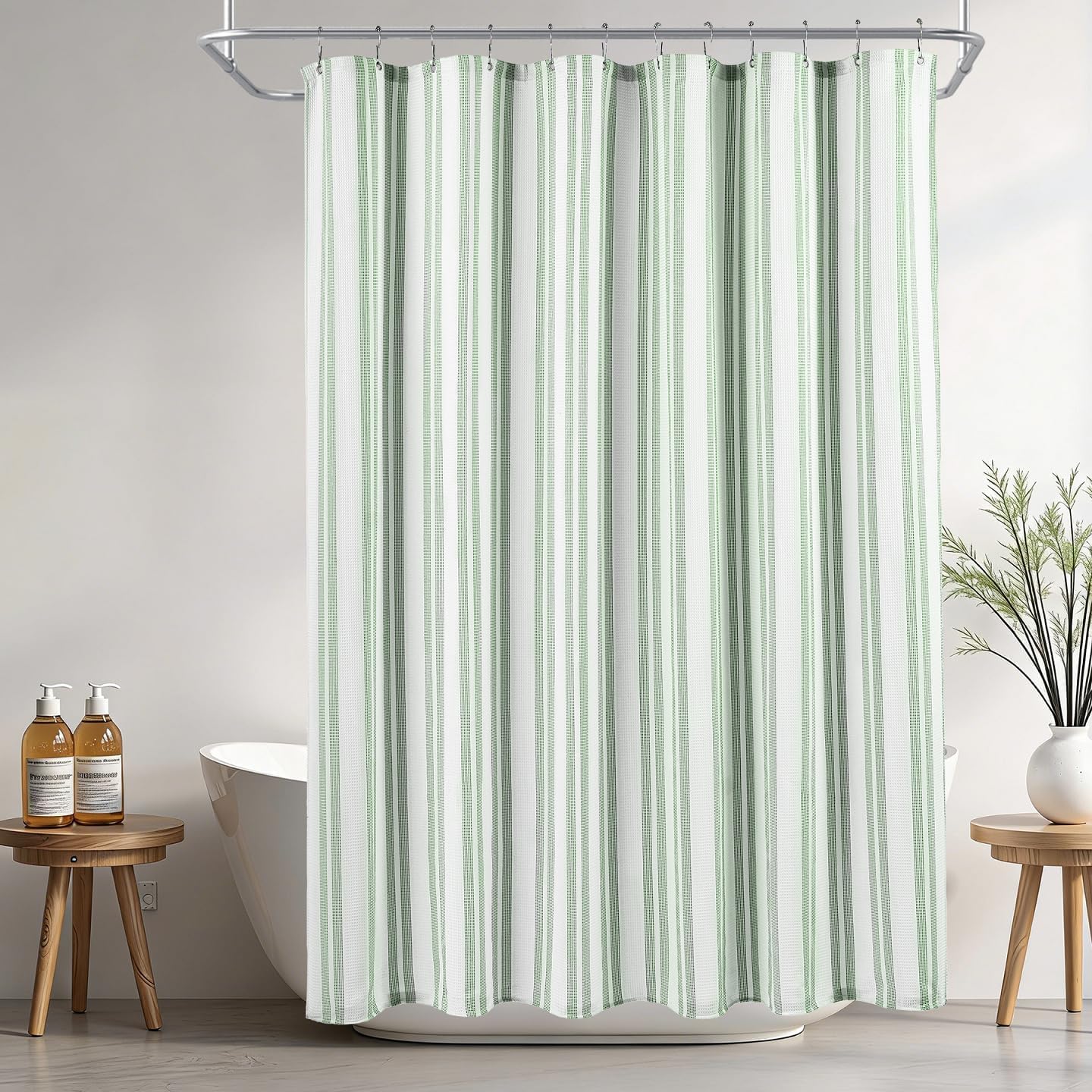 ORTIGIA Green Striped Shower Curtain 72x72 Inch, Waffle Textured Heavy Duty Thick Cloth Fabric Shower Curtains with 12 Metal Hooks,Green and White Bath Bathroom Shower Curtain