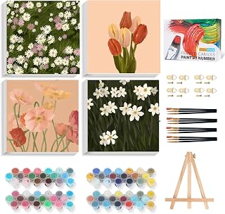 4 Pack Framed Paint by Numbers Kit for Adults Beginner with Wooden Easel, Vintage Flowers Easy Paint by Numbers with Frame, DIY Floral Number Painting for Adults Canvas for Home Decor Gift 10x10 Inch