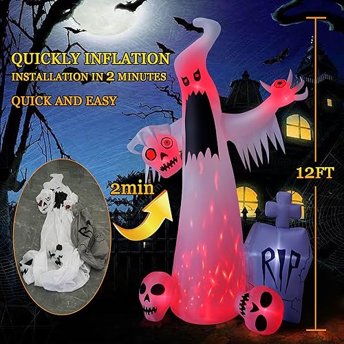 Miniatura 5 de Inflables de Halloween de 12 pies para exteriores, decoración de patio, fantasma blanco de terror con 3 cabezas de calavera sangrante, lápida de