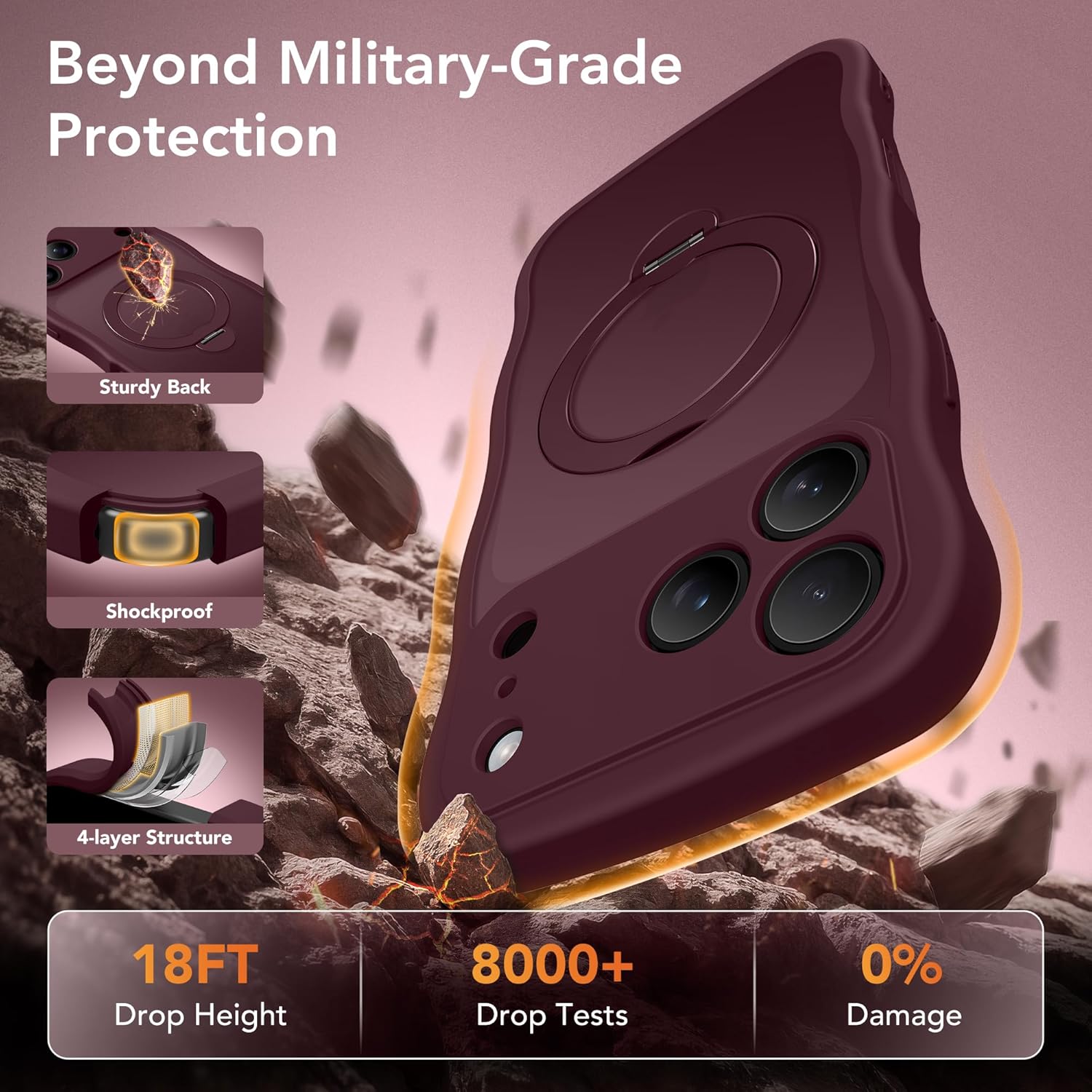 GolbinBox for iPhone 17 Pro Case for Women,[Compatible with Magsafe][360° Spin Magnetic Stand][Cute Wave Edge][Military-Grade Protection] Translucent Matte Phone Case for iPhone 17 Pro, Wine Red - Image 6