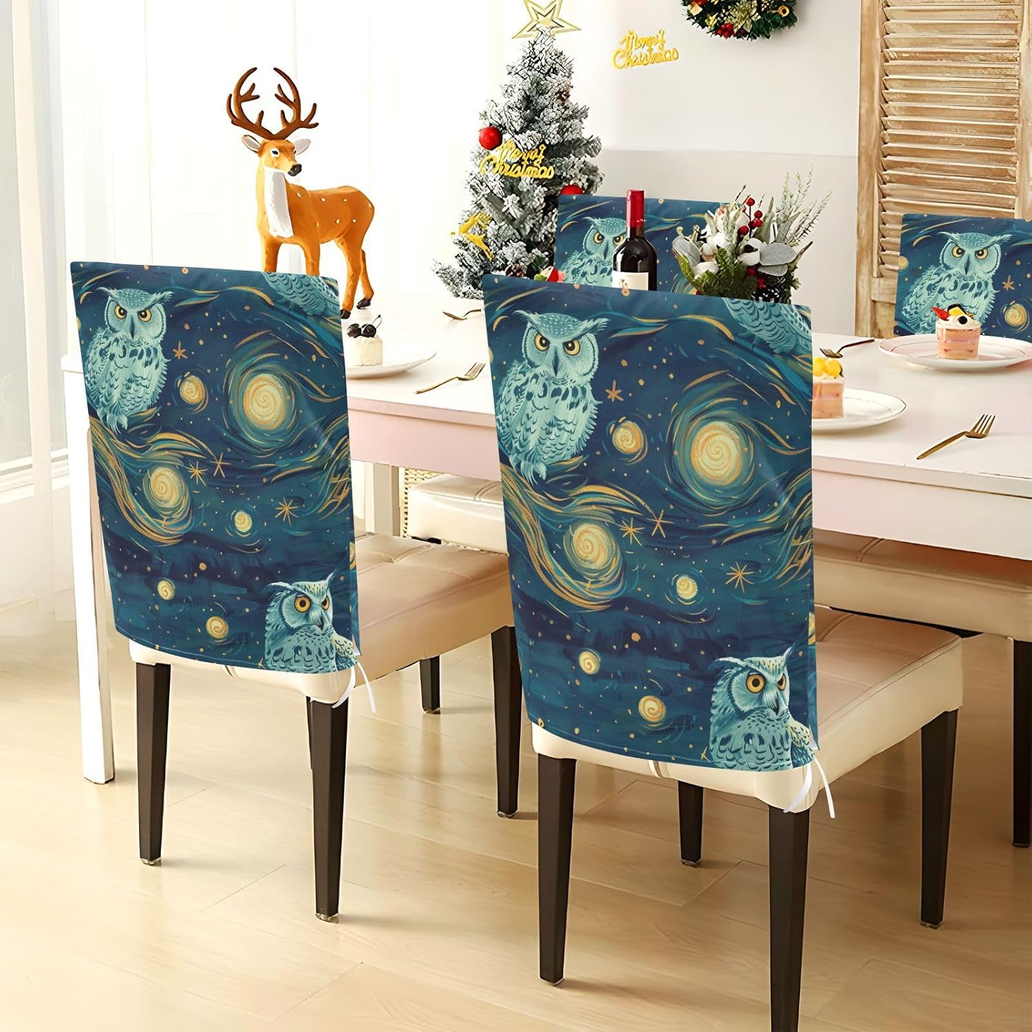 ALAZA Owl at Starry Night Chair Back Cover Set of 6, Washable Reusable Removable Chair Slipcovers Decorative Chair Cover for Home Kitchen Wedding Party