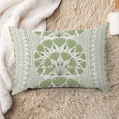 ArogGeld Funda de cojín lumbar con diseño geométrico verde y blanco, diseño de hojas de lirio, ginkgo biloba, chinoiserie, elegante, asiática, disponible en Yaxa Costa Rica