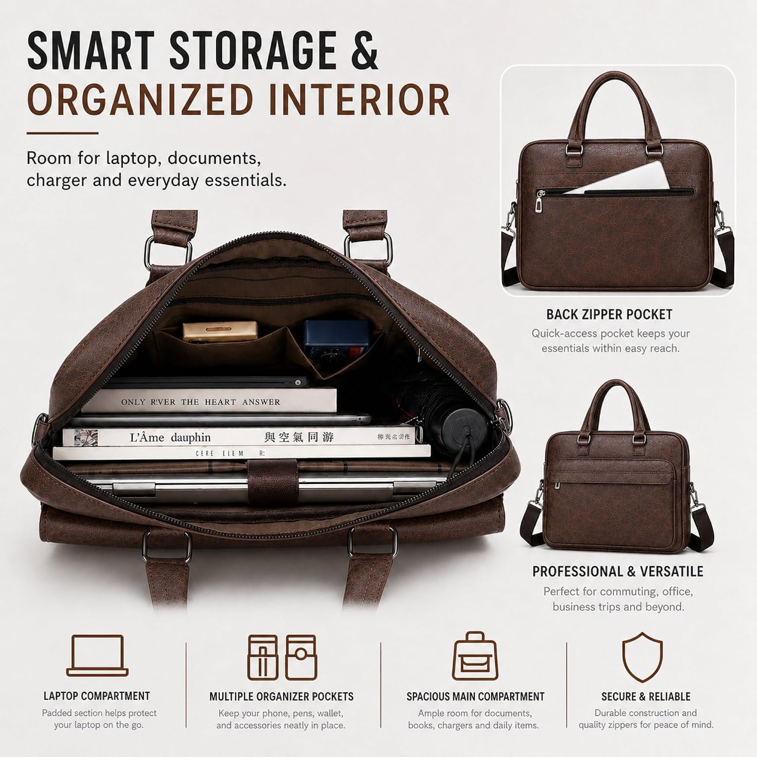 Men's Leather Laptop Bag 15 IN, Water-Resistant Briefcase Messenger Bag for Work, Business, Shoulder Crossbody Office Satchel