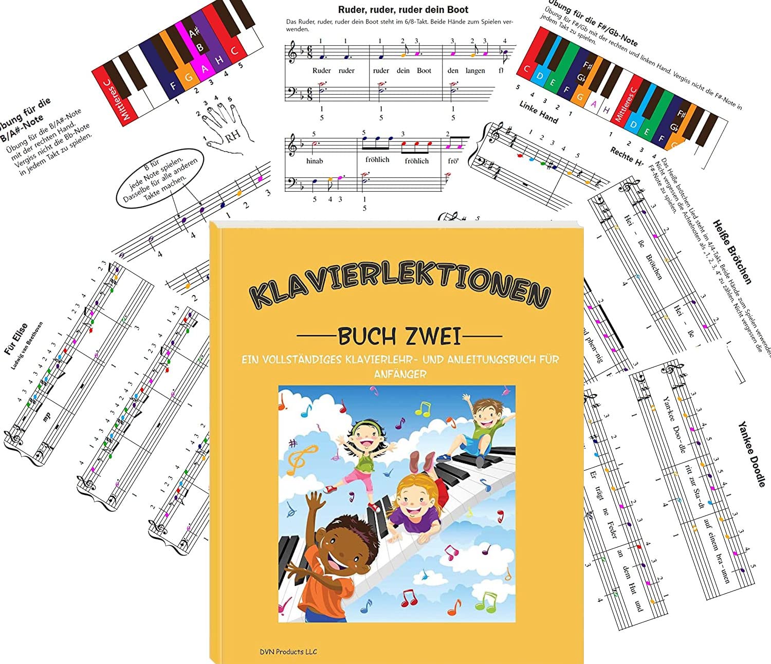 Klavier- und Keyboard-Notentabelle, kompletter Klaviermusikunterricht mit Farbnoten, Handbuch 1 und Handbuch 2 für Kinder und Anfänger