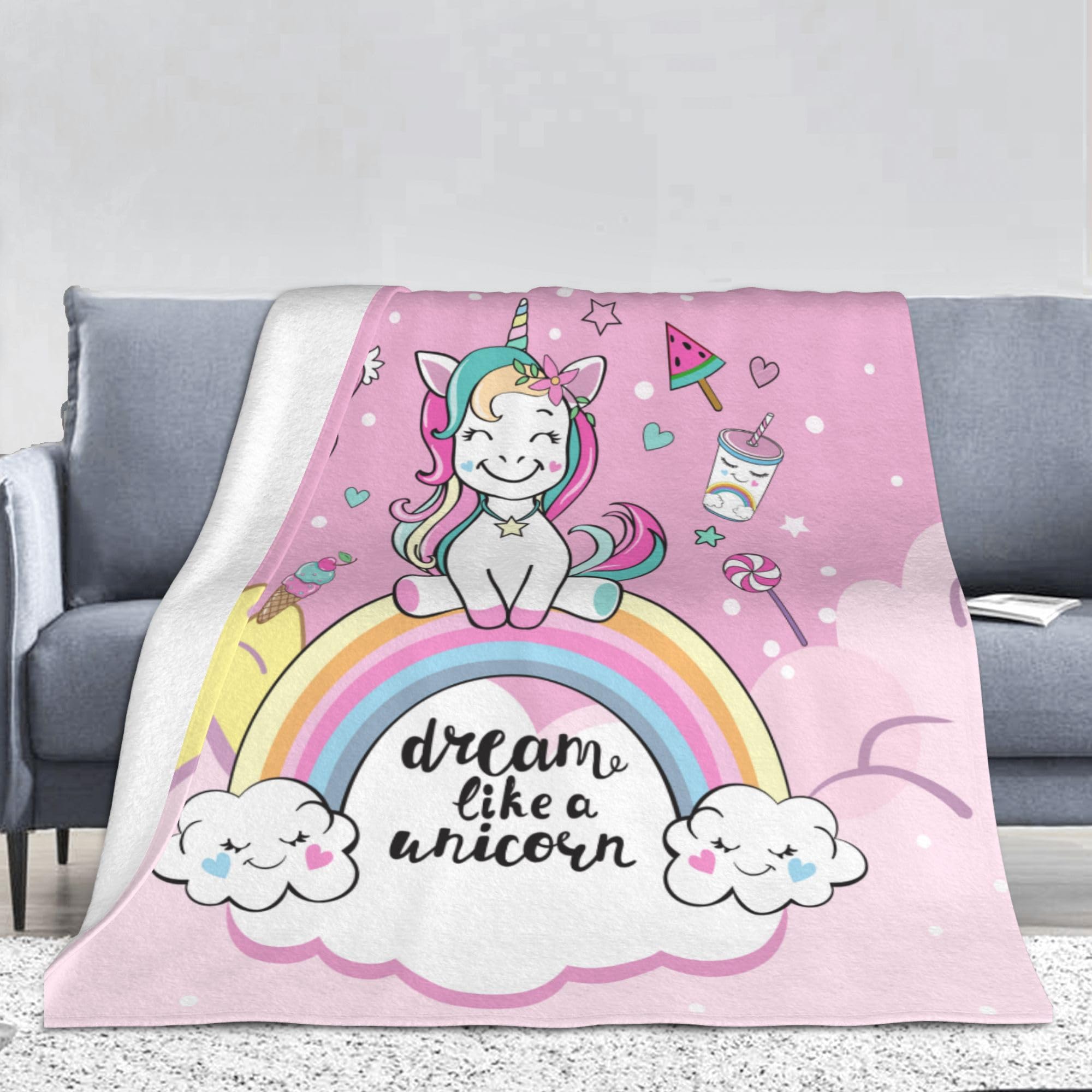 MTOnlinehandel Couverture licorne 150 x 200 cm ☆ Cadeaux pour filles Couverture polaire moelleuse en rose Plaid douillet pour adolescent ☆ Plaid arc-en-ciel ☆ Cadeau d'anniversaire Licorne
