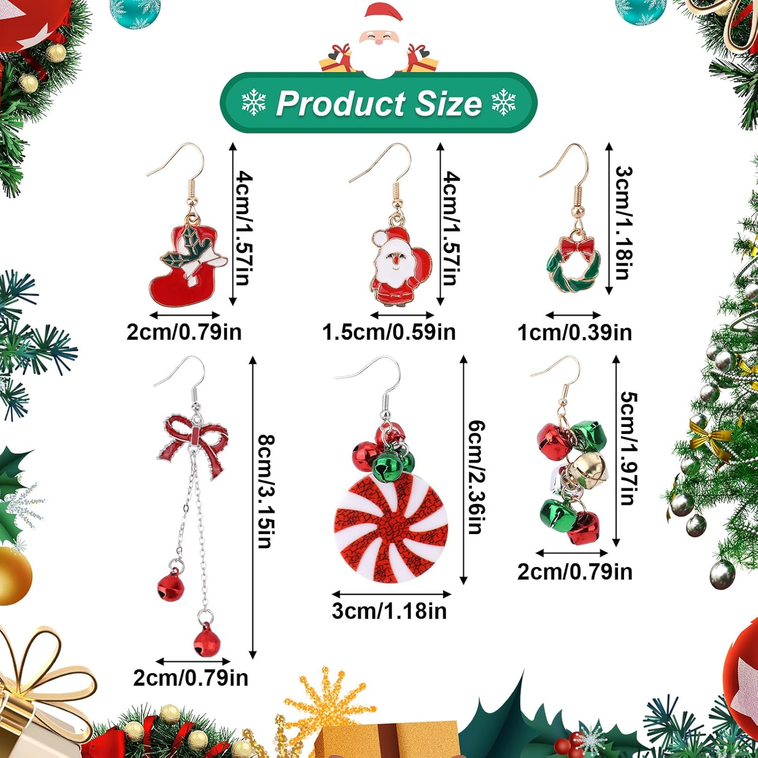 12pcs Christmas Earrings Set, Christmas Santa Sock Candy Wreath Bow Bell Dangle Holiday Earrings for Women Jewelry - Image 2