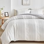 WARMDERN Striped Couverture de couettes Khaki Queen, Khaki avec motif de voile rayé blanc literie, Microfibre doux Texturé Couverture à couettes avec fermeture à glissière et des cravates d'angle (Khaki, Reine)