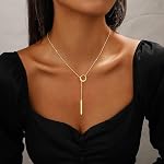 Necklaces for Women, Dainty Layered Lariat Necklace 14k Gold Silver Plated Y Shaped Beaded Chain Non Tarnish Drop Necklaces Simple Trendy Adjustable Jewelry Gifts