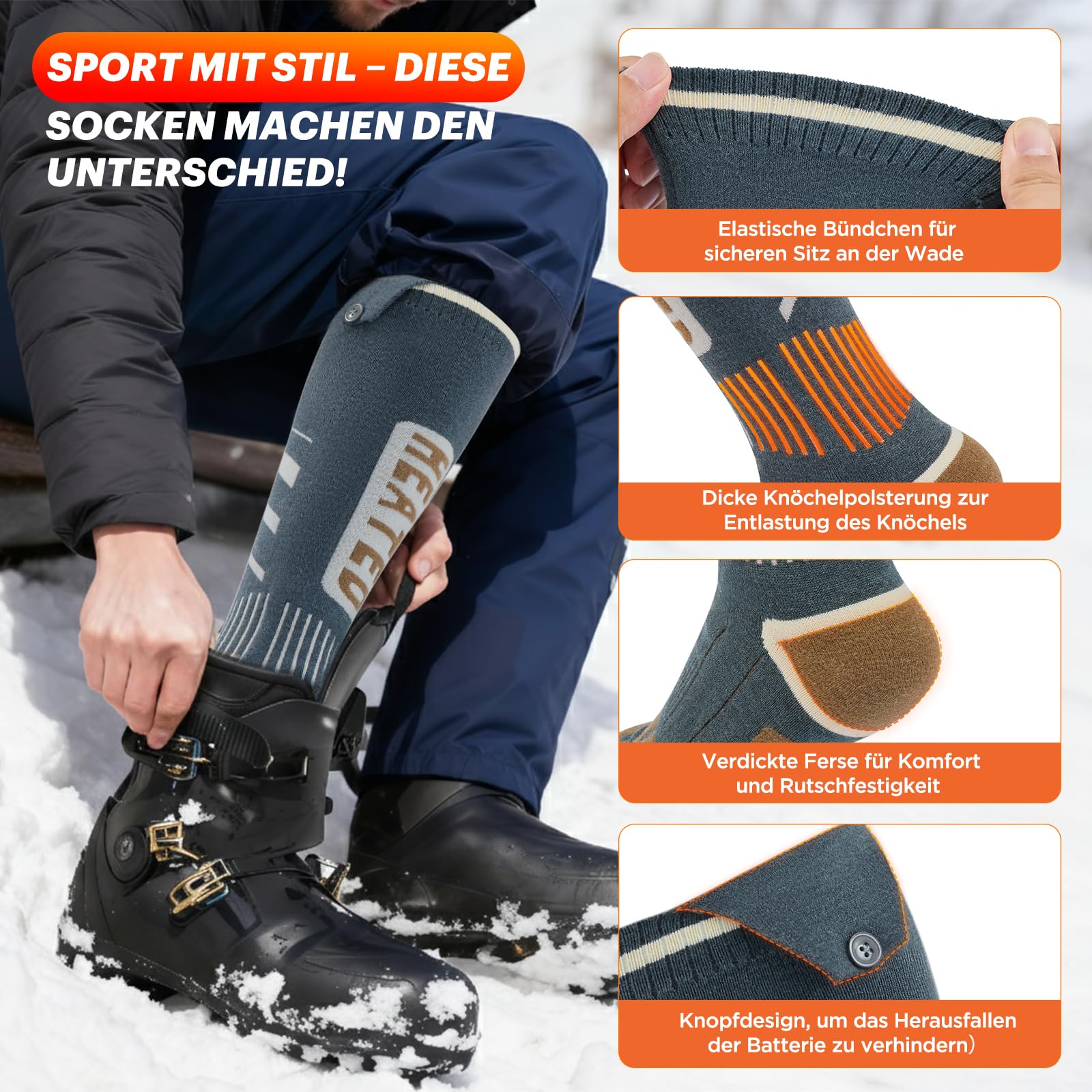 Beheizbare Socken Damen Herren, 5 V 6000 mAh APP-Steuerung Heizsocken, 2025 neues Upgrade +30% Heizfläche, geeignet zum Skifahren, Outdoor, Camping, Wandern und Motorradfahren