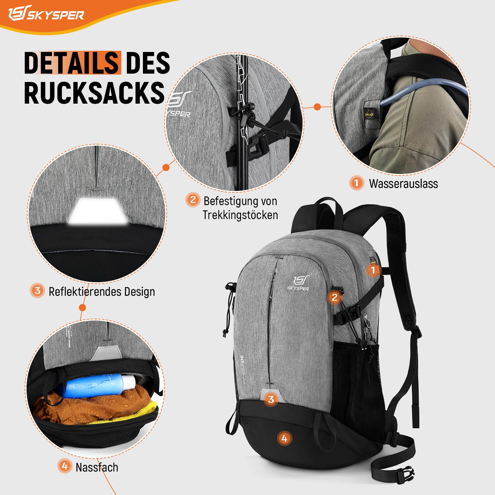 SKYSPER 30L Zaino da Hiking con Scomparto per le Scarpe Zaino Sportivo per Escursioni Viaggi Trekking