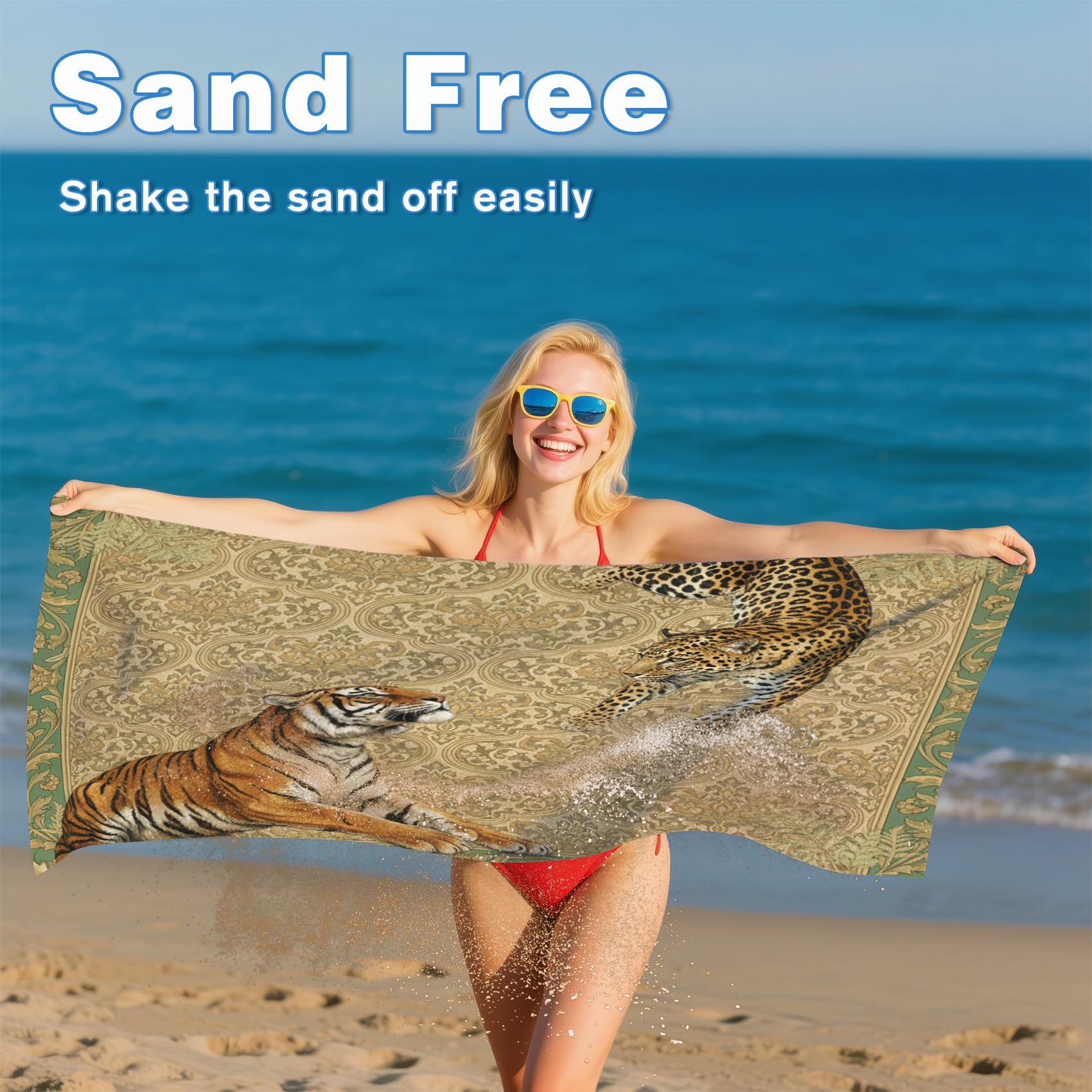 Serviette de Plage XXL Microfibre Tigre Léopard Vintage Baroque Animaux Sauvages, Drap de Plage Séchage Rapide Anti Sable & Légère, Serviette de Bain Grande Taille 100x200 cm, Cadeau été