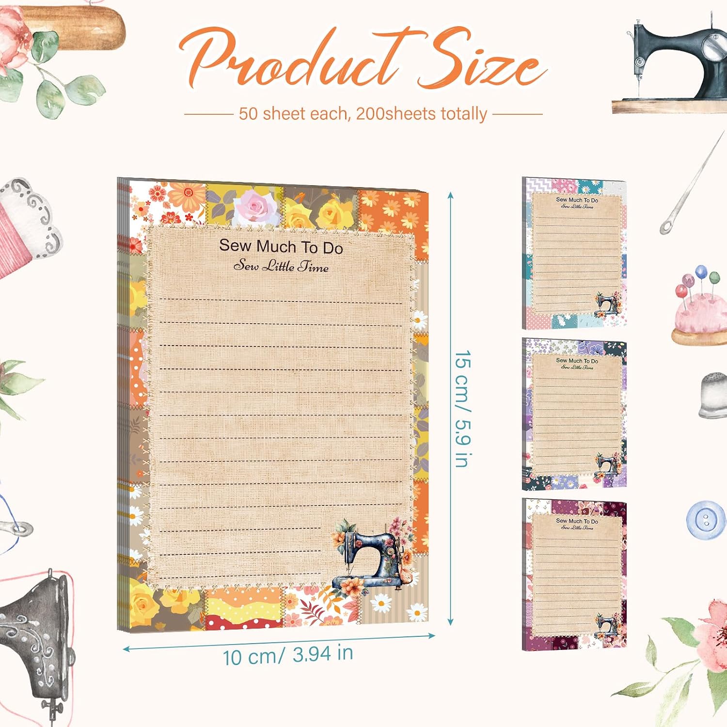 Resurhang 200 Sheets 4 Styles Sewing Gifts Sewing to Do List Notepad Vintage Flower Sewers Notepad Quilting Gifts for Women Sewers Seamstresses Daily Checklist Supplies, 4'' x 6'' (Lines Style) image 2