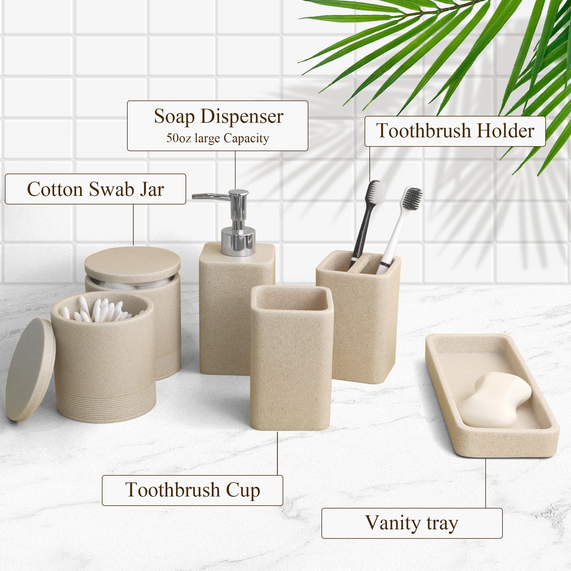 YMXYJM Juego de accesorios de baño, juego de 6 piezas con soportes para cepillos de dientes, dispensador de jabón, bandeja de tocador, vaso, tarros de hisopo de algodón, organizador de baño, juegos de