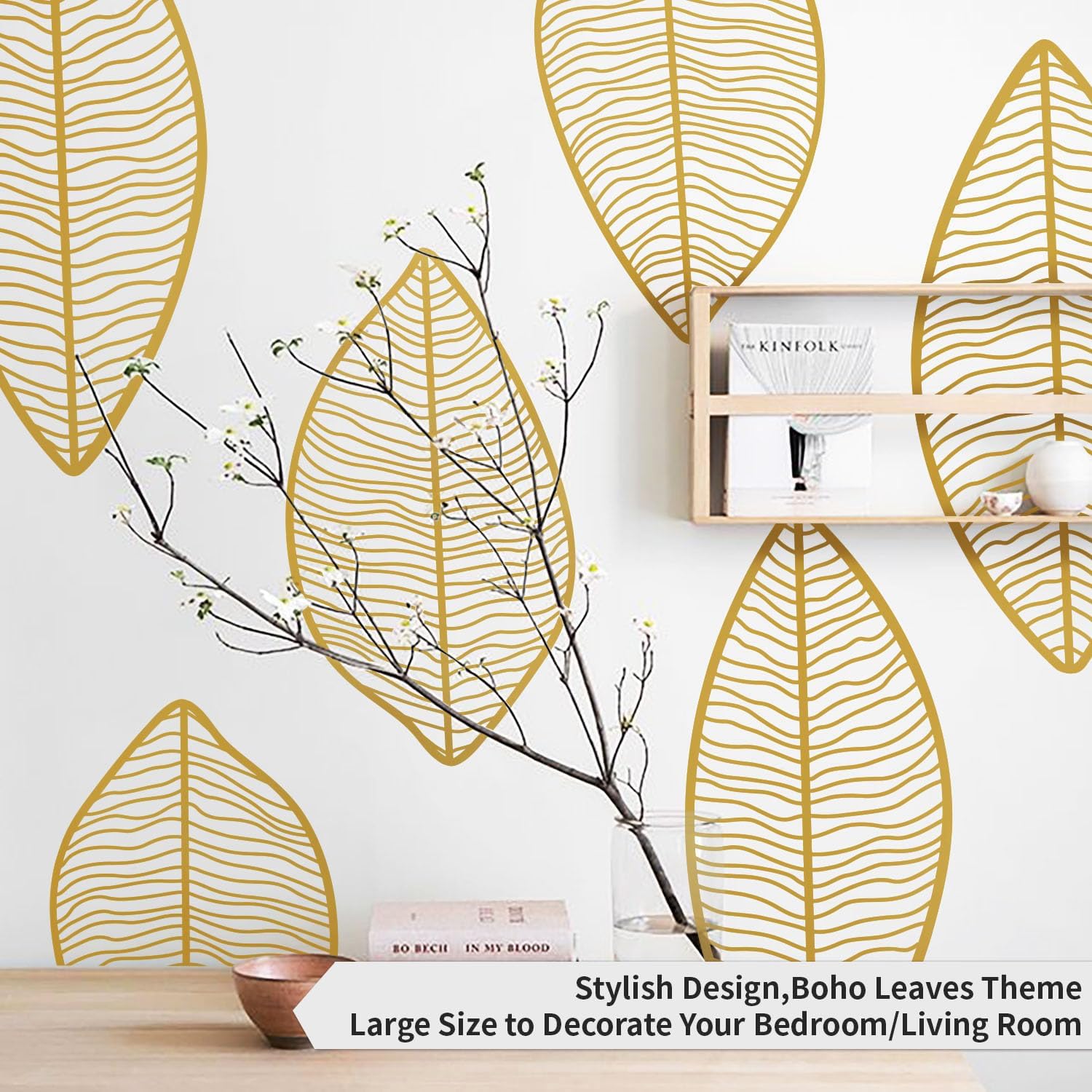 Boho Wall Decals Peel and Stick Large Wall Sticker Leaves Vinly for Living Room, Bedroom Decor, Boho Gold Leaves