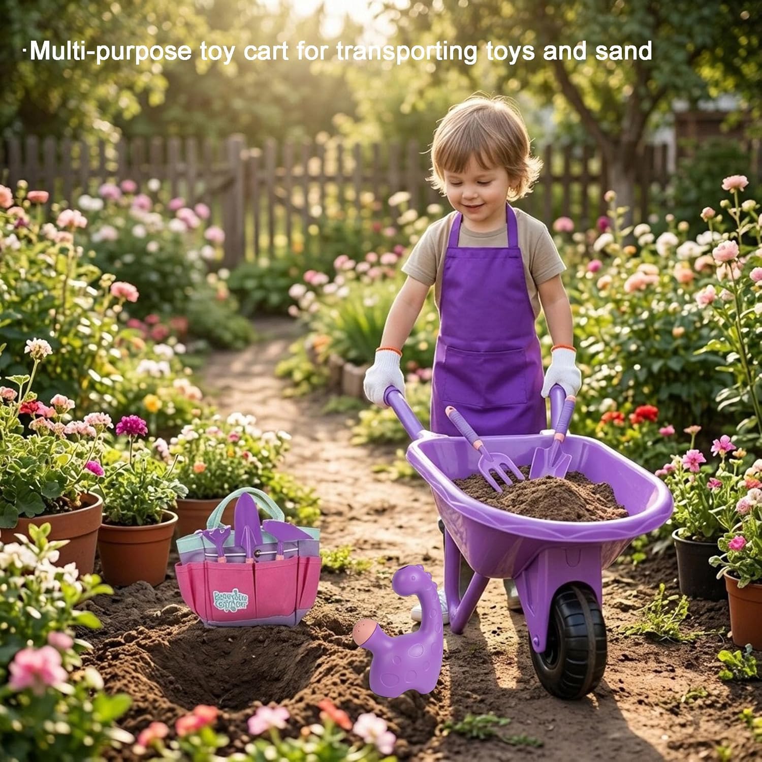 9Pcs Wheelbarrow Set Outdoor Gardening Kit with Storage Bag Apron Gloves for Backyard Play Role Play Gardening Learning (Green)